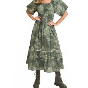 Umgee Green Printed Maxi Dress with Puff Sleeves